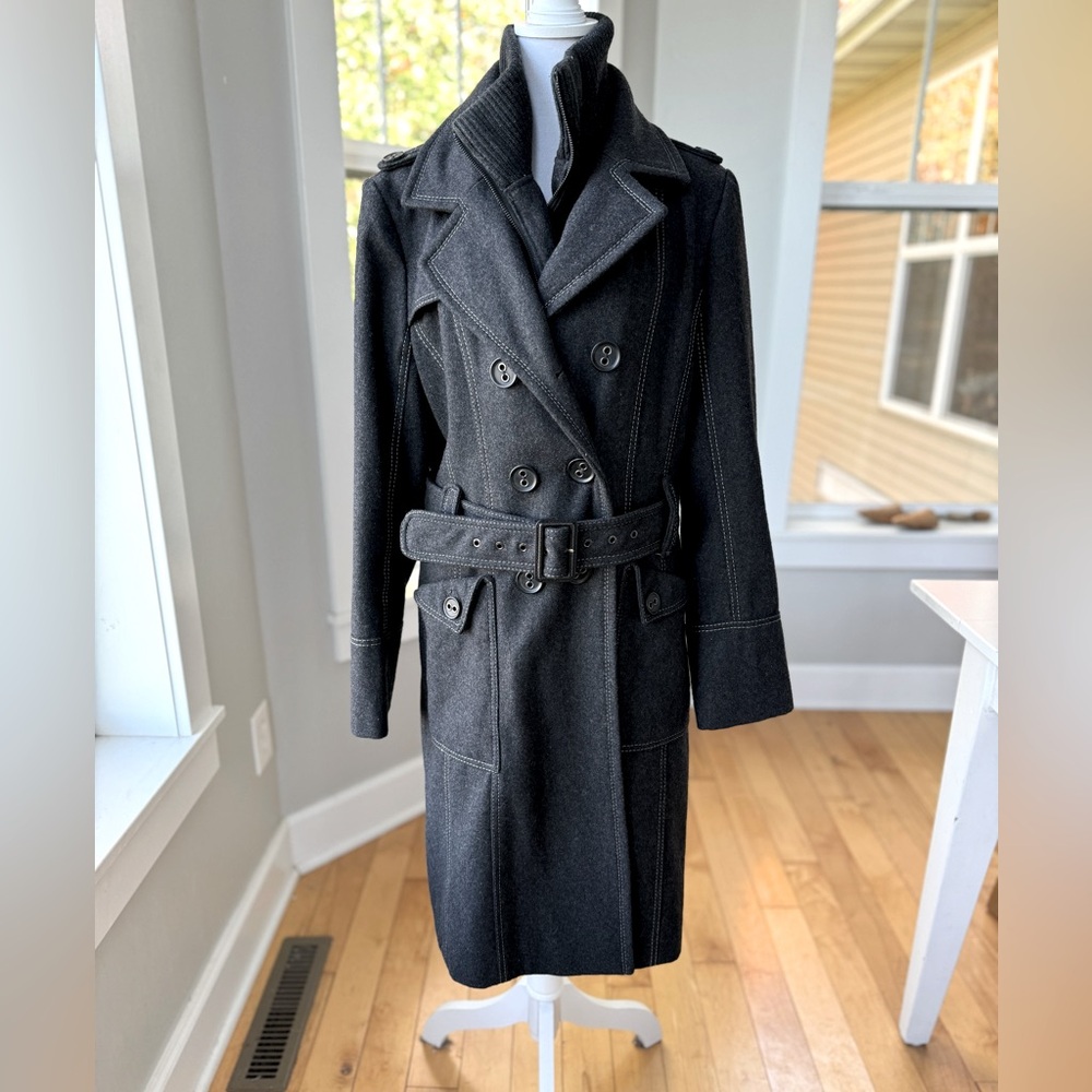 Vintage Mystic Charcoal Gray Wool Blend Belted Trench Coat Winter Jacket Sz L